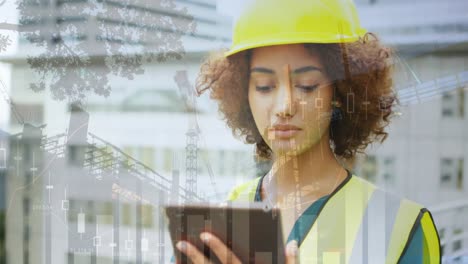 animación del procesamiento de estadísticas sobre una arquitecta usando una tableta en el sitio de construcción