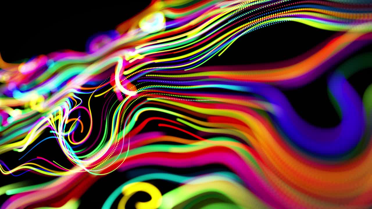 el flujo de partículas forma líneas rizadas como rastros de brillo de diferentes colores, las líneas forman un patrón giratorio como ruido de rizado. abstracto 3d bucle de flujo de animación como fondo festivo creativo brillante