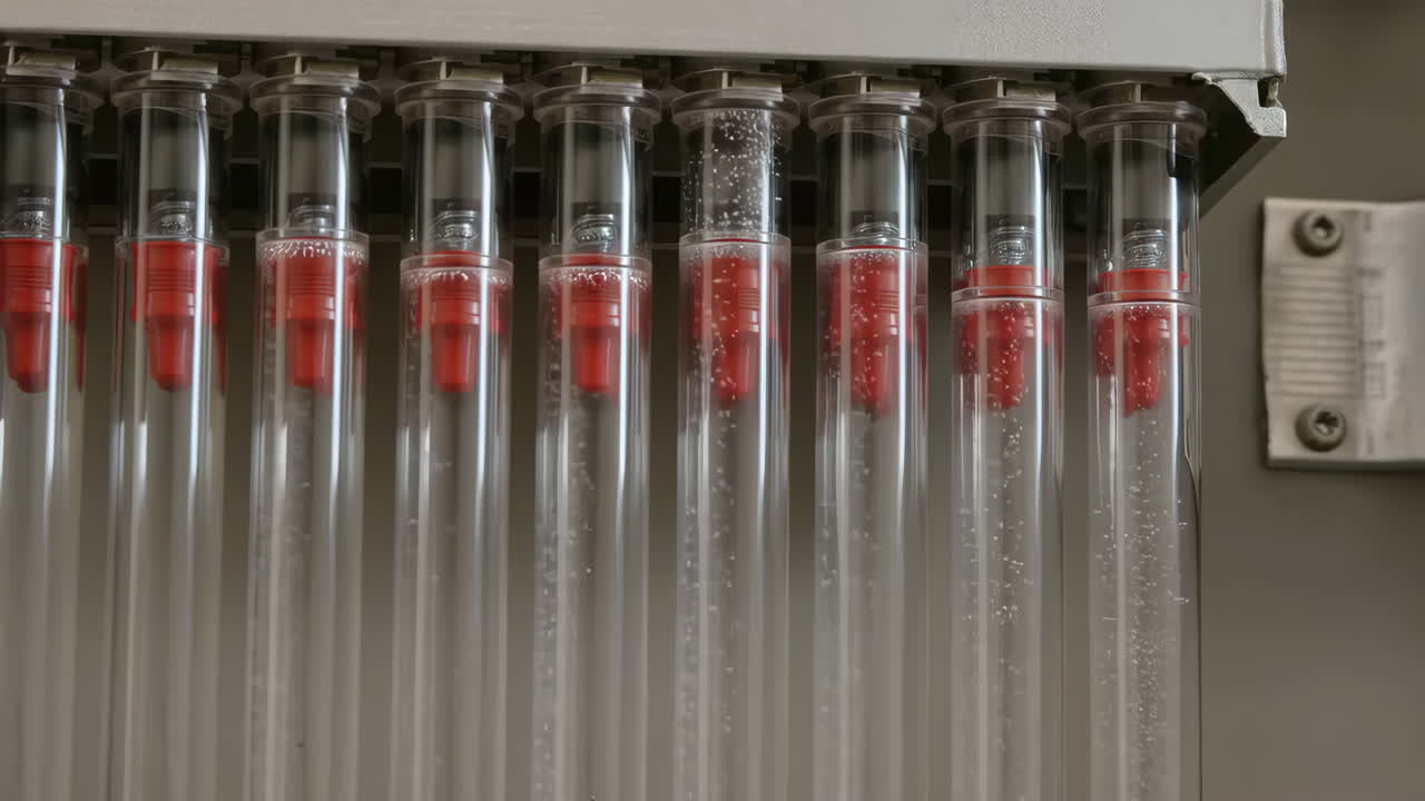 Close-up of a row of transparent tubes with red caps, liquid, and bubbles in scientific or industrial equipment