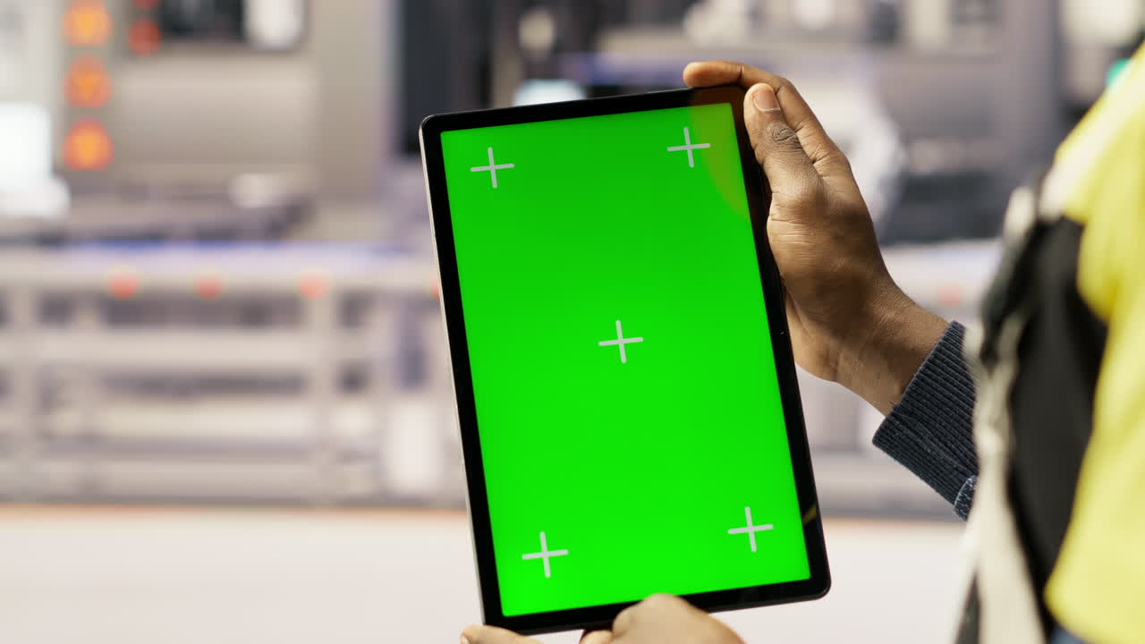 Vertical video Solar panels plant technician uses green screen tablet to oversee systems