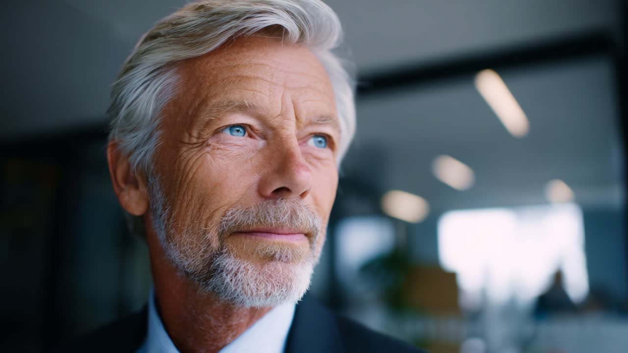 A thoughtful mature man in a business setting gazes into the distance, reflecting on his experiences and future possibilities with a calm and confident demeanor