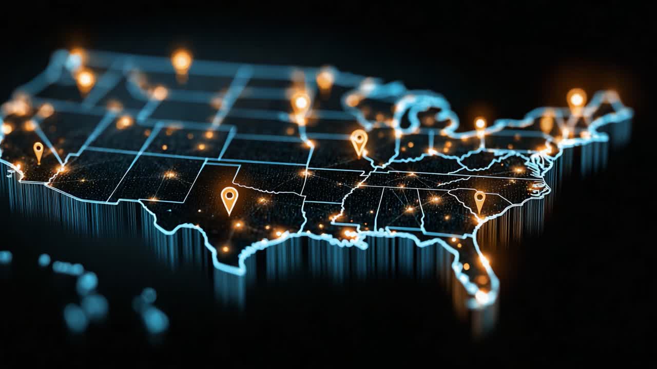 Dynamic Visualization of the United States Mapping with High-Detail Geolocation Points and Illuminated Networks Representing Connectivity across Regions