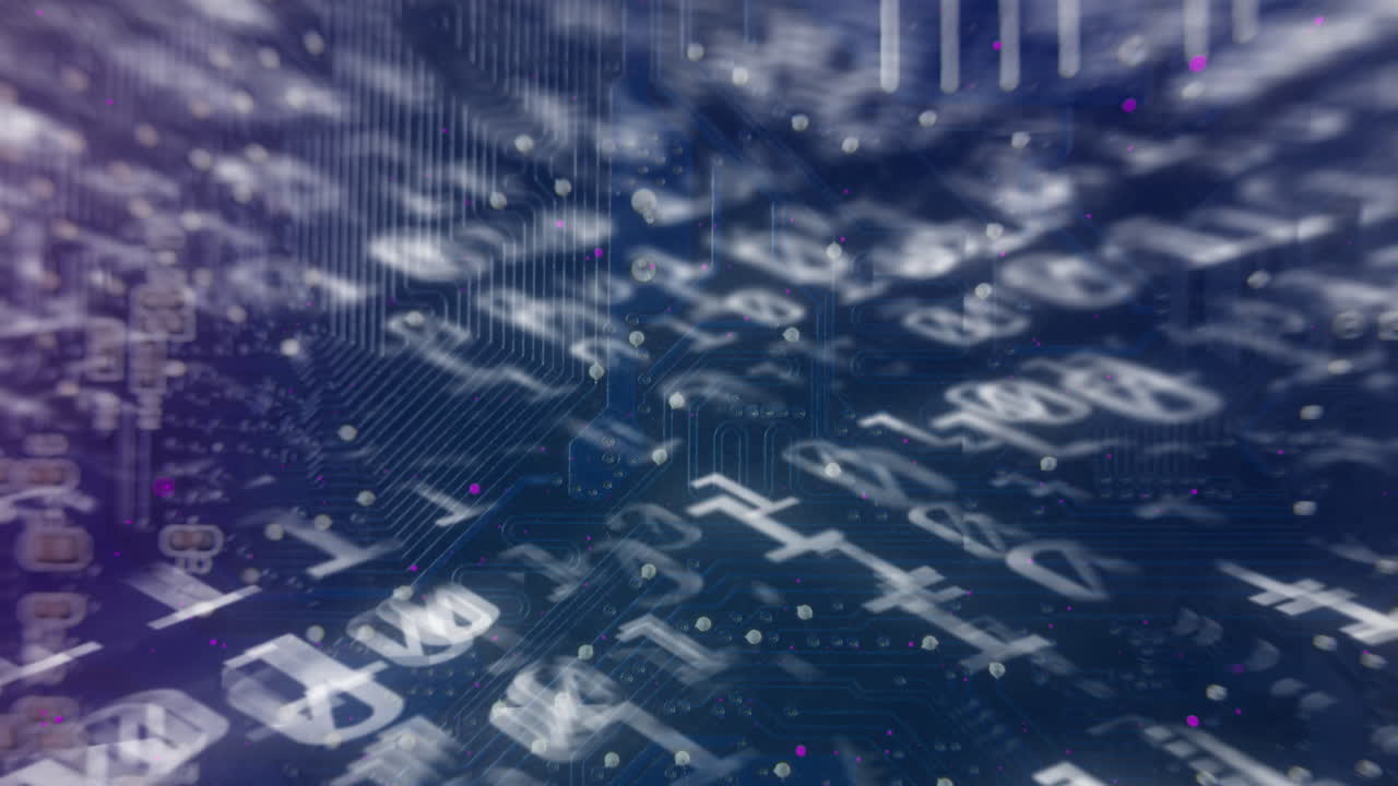 Digital animation of binary coding data processing against microprocessor connections in background