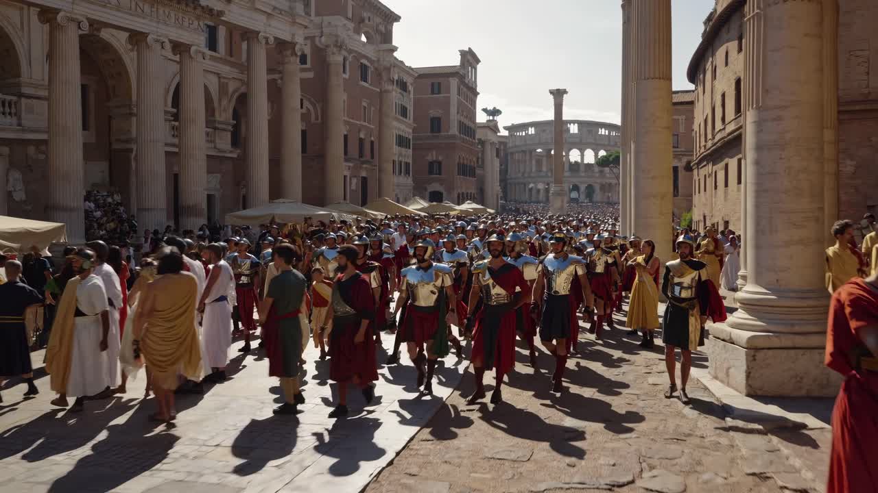 A wide-angle shot captures a bustling ancient Roman marketplace, with people in traditional attire