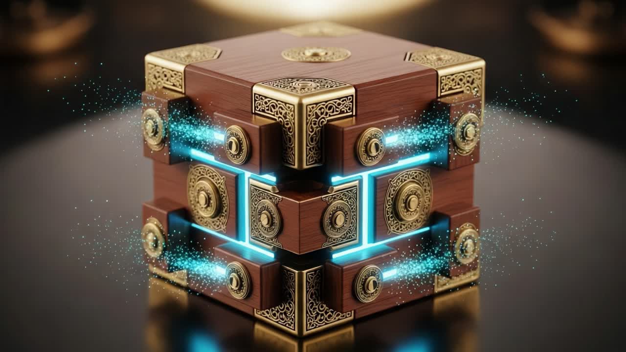 A Stunningly Crafted Mystical Cube Glowing with Electric Blue Energy, Surrounded by Swirls of Sparkling Particles, Showcasing Intricate Design and Detailed Patterns