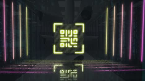Animation-of-neon-qr-code-and-lines-in-digital-space-with-security-cameras
