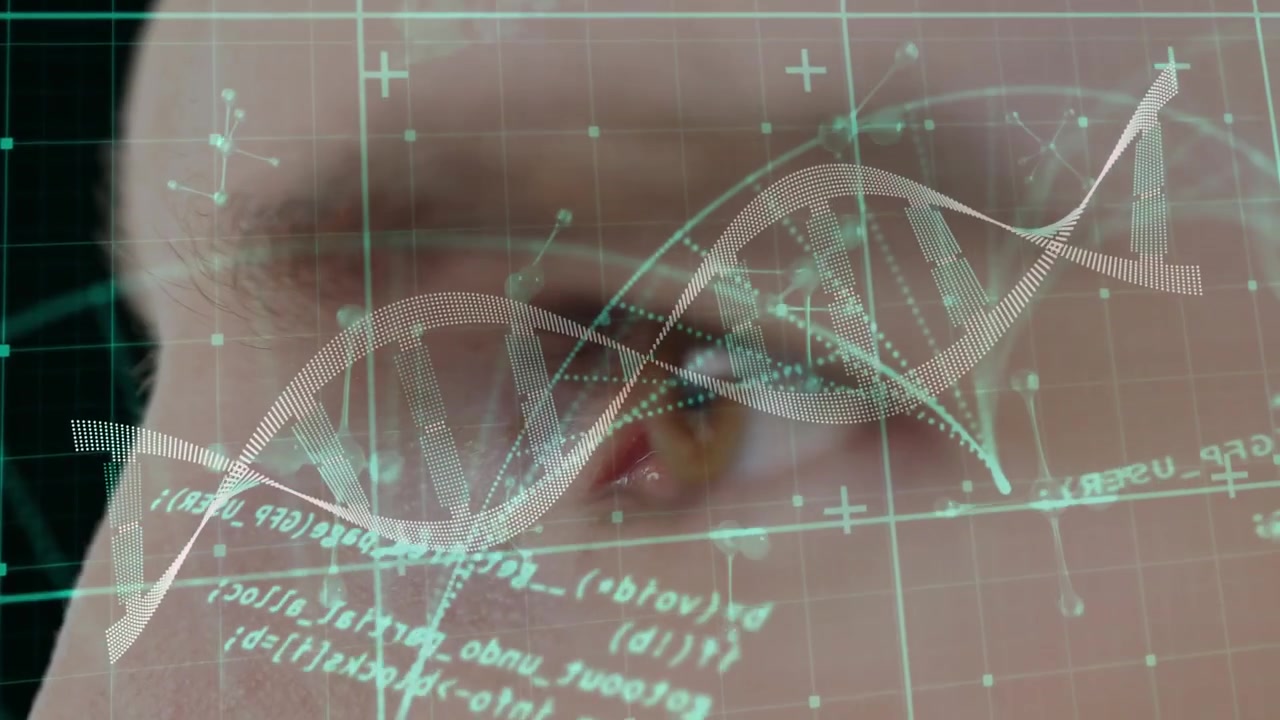 Male subject gazing while HUD activating, DNA helix and code sliding across eye for diagnostics