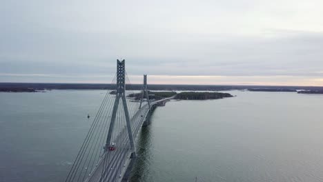 aerial at cable-stayed bridge connecting island replot and finland mainland