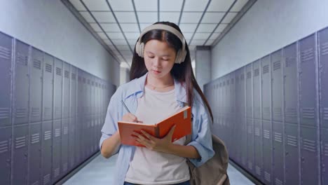 una adolescente estudiando en el pasillo de la escuela