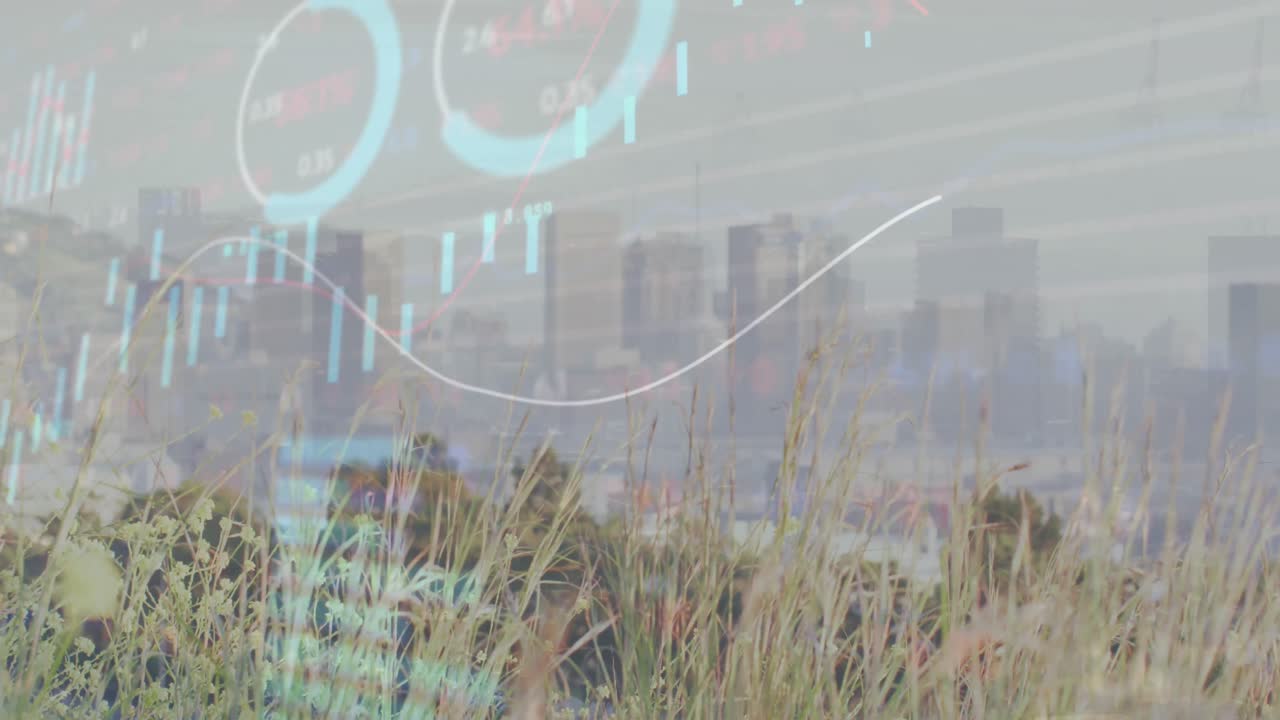 도시 풍경 위의 금융 데이터 처리 애니메이션