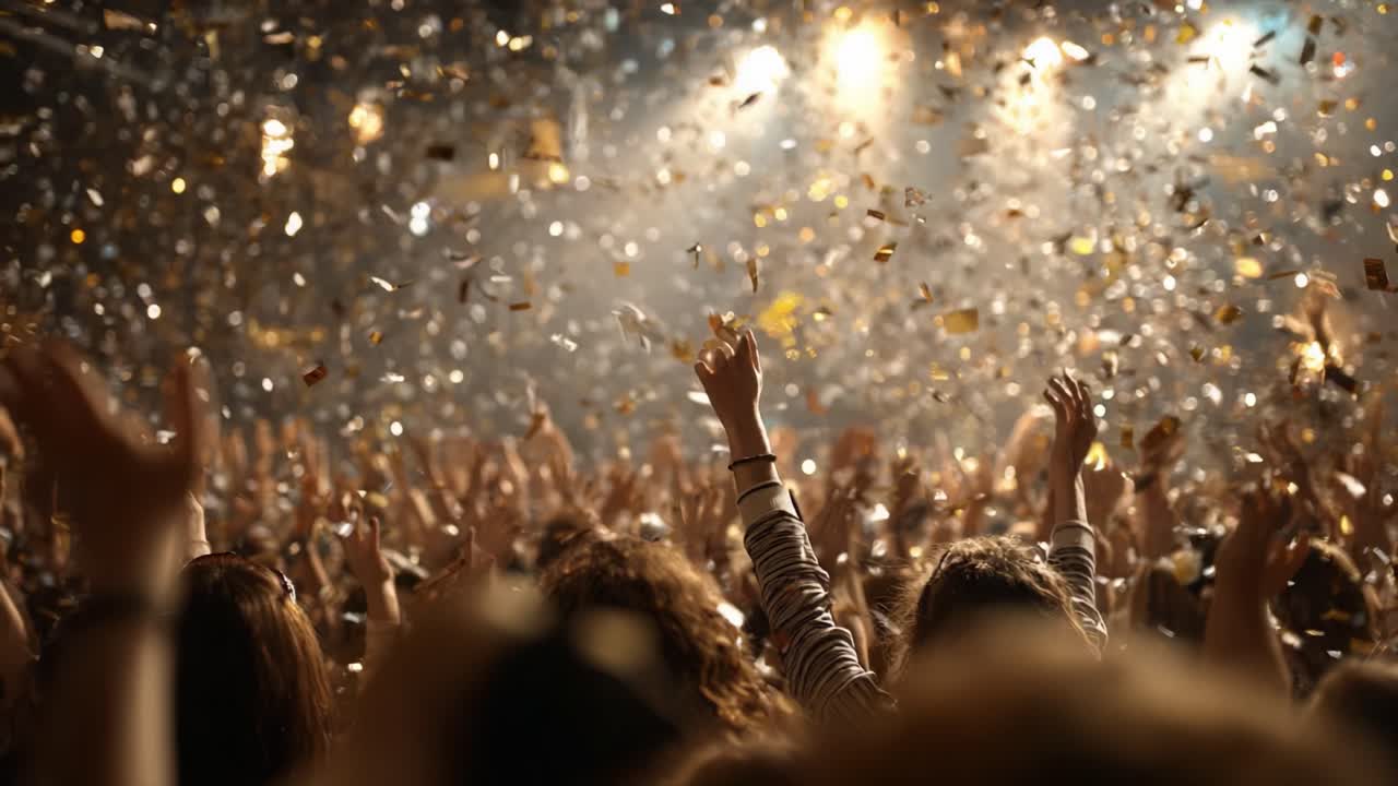 Una celebrazione vivace: l'atmosfera elettrizzante di un evento dal vivo che si dispiega mentre coriandoli cadono a cascata sulla folla entusiasta, creando un'esperienza memorabile