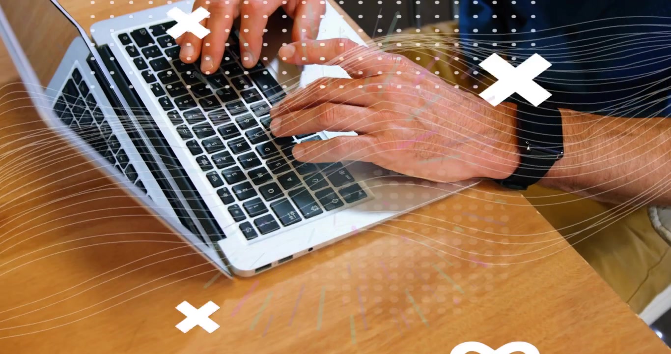 Uomo che posiziona le dita e poi digita sul laptop, con sovrapposizioni ondulate che evidenziano i tasti premuti per il business.