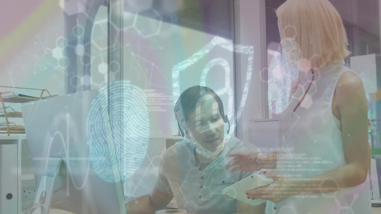 Animation of data processing and padlock over caucasian business people in office