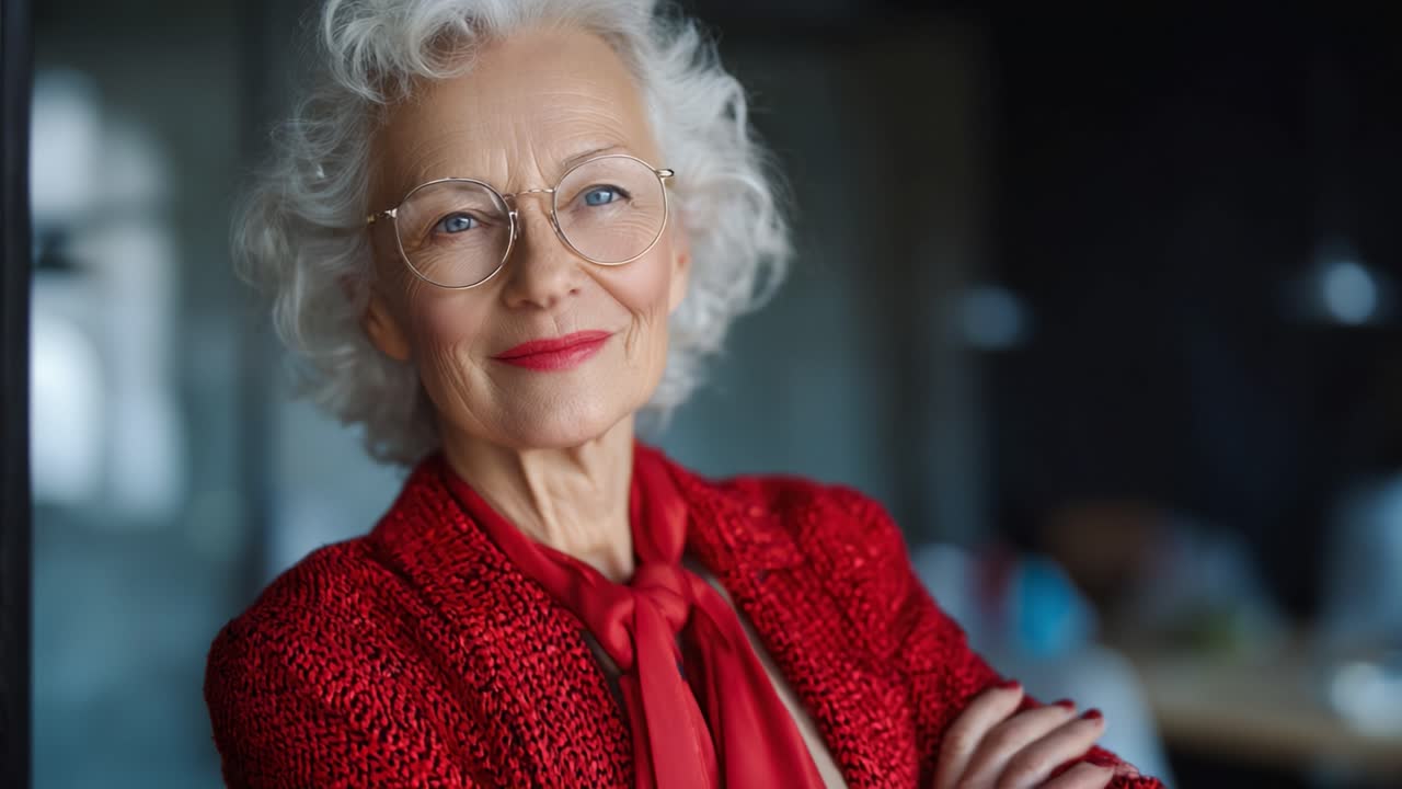 Elegante donna anziana in abito rosso e occhiali, che irradia sicurezza e stile, mentre sorride calorosamente in un ambiente interno dalla luce soffusa.