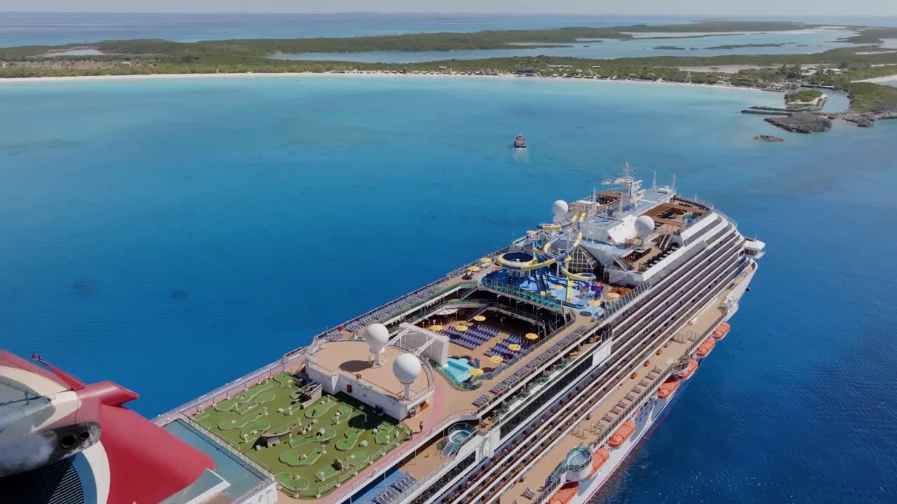 Aerial View of Carnival Dream Cruise Ship Sailing Near a Tropical Island