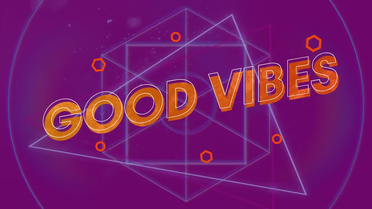 Animazione del testo "Good Vibes" in arancione su forme di linee 3D in movimento su sfondo viola