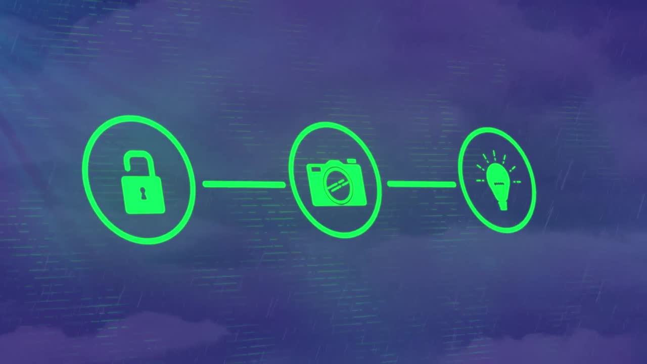 Animation of network of connections with icons on blue background