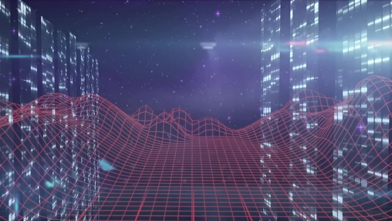 Animation of triangle and grid wave pattern with illuminated falling bar graphs over trading board