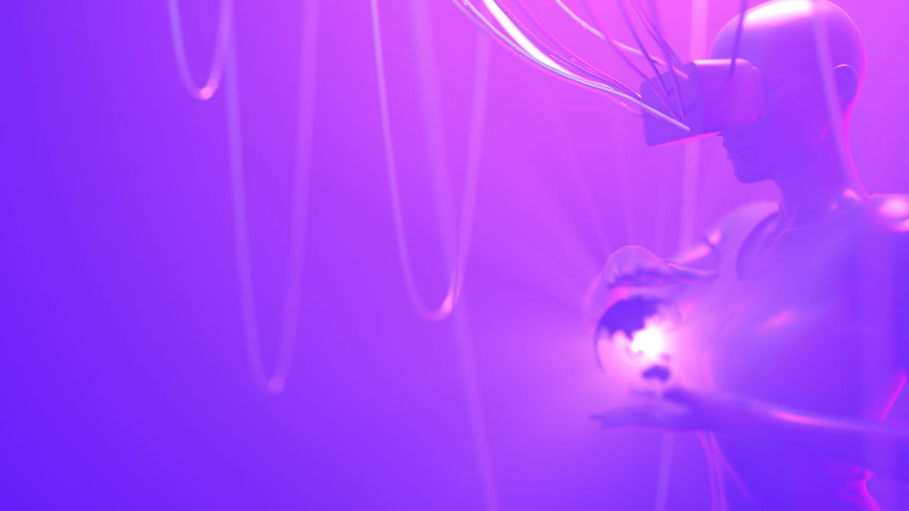 mujer en vr gafas sostienen girando globo terrestre brillante, concepto de metaverso. espacio cibernético de neón. ultravioleta cyberpunk 3d render. loopable