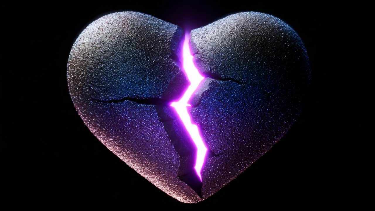 A striking representation of a broken heart, showcasing the emotional depth and turmoil often associated with love and loss, illuminated by a captivating purple light within the fractures