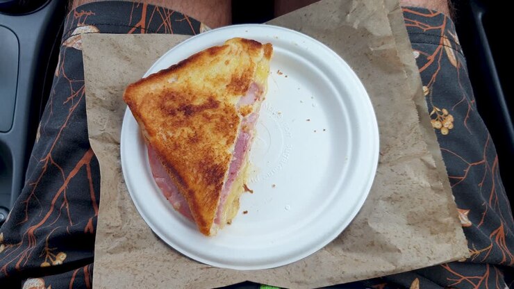 Person eating a takeaway fast food ham and cheese toasted sandwich from their lap in the car, snack break on paper plate during a road trip