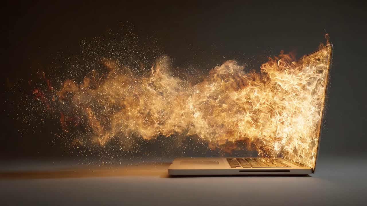 En bærbar computer udstråler en gådefuld eksplosion af flammer og partikler, der blander teknologi med imponerende visuelle effekter i blændende digital kunst.