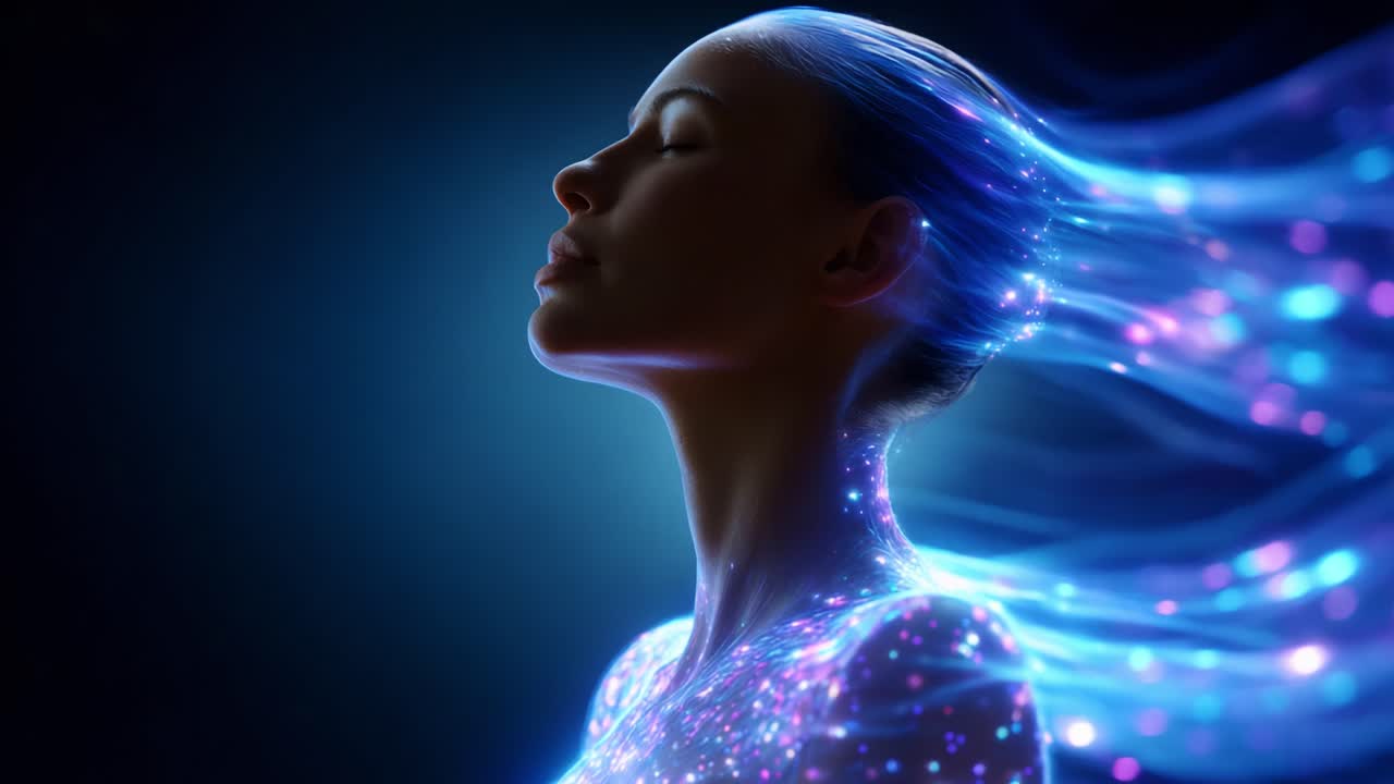 A mesmerizing portrayal of a person surrounded by ethereal, colorful lights, capturing a sense of tranquility and energy, with flowing hair illuminated by shining particles amidst a dark background for a stunning visual effect