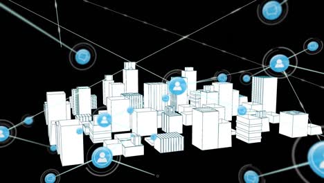 Animation-of-network-of-connections-with-icons-over-3d-city-drawing