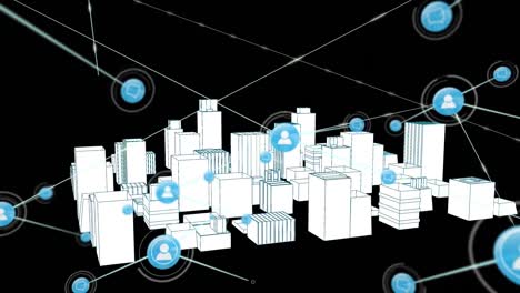 Animation of network of connections with icons over 3d city drawing