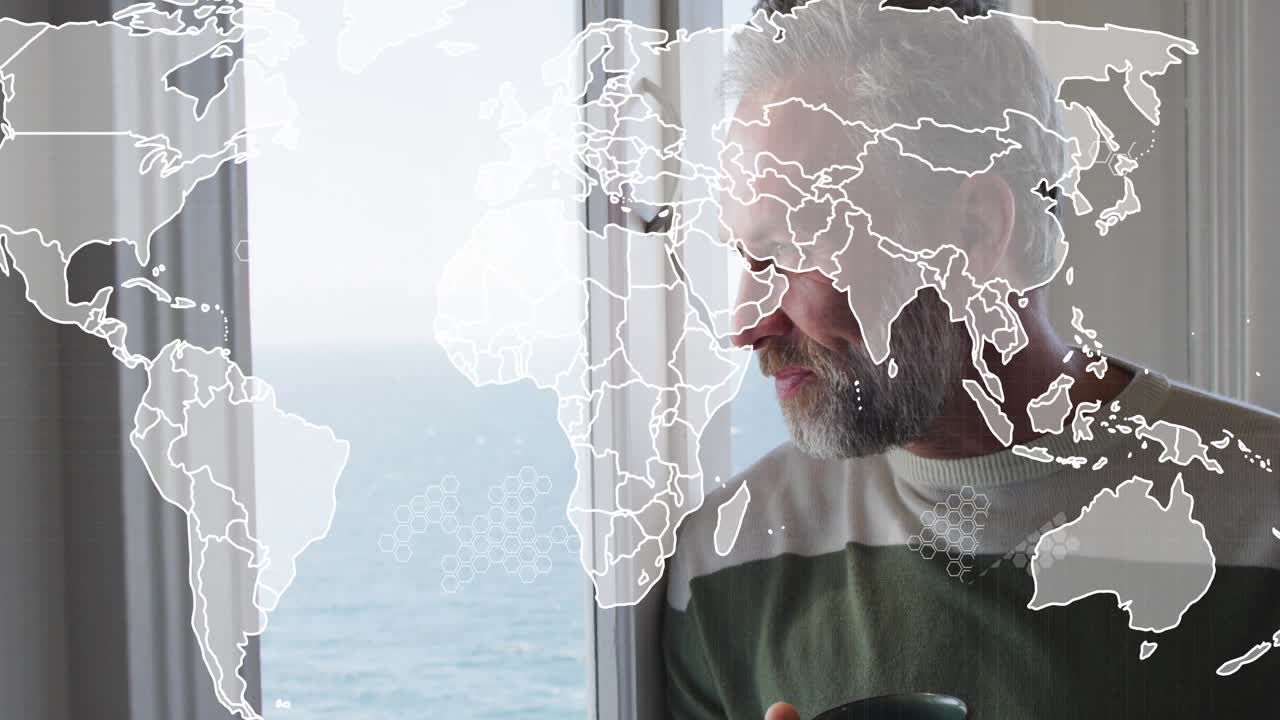 man sipping coffee and initiating technology connectivity overlay fading in and out over ocean view