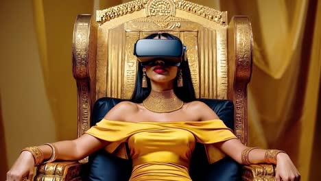 a woman in a yellow dress sitting in a chair wearing a virtual reality headset