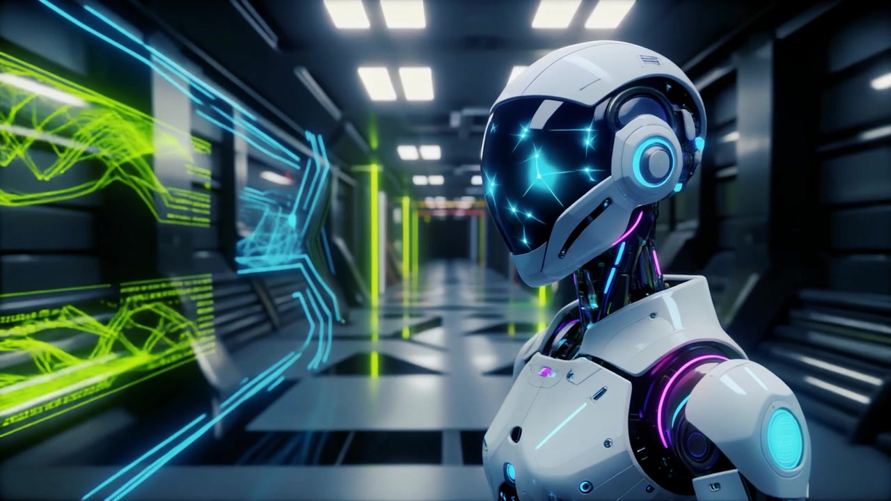 Robot androide futuristico in piedi in un corridoio ad alta tecnologia con display di dati digitali