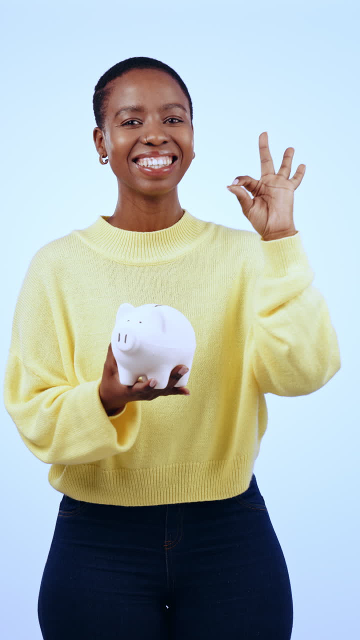 Black woman, piggy bank and cash