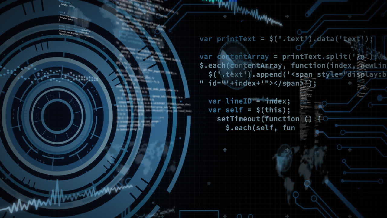 animación de escaneo de alcance y procesamiento de datos sobre globo y fondo oscuro