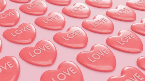 red hearts with word love moving in in rows with a seamless repeating loop. valentines day concept. 3d render