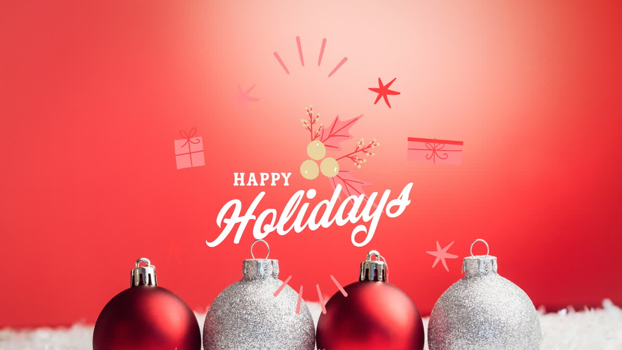 Animation of happy holidays text over christmas baubles
