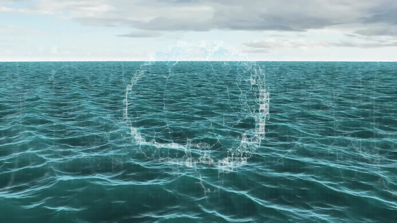 Digital circular interface animation over ocean waves
