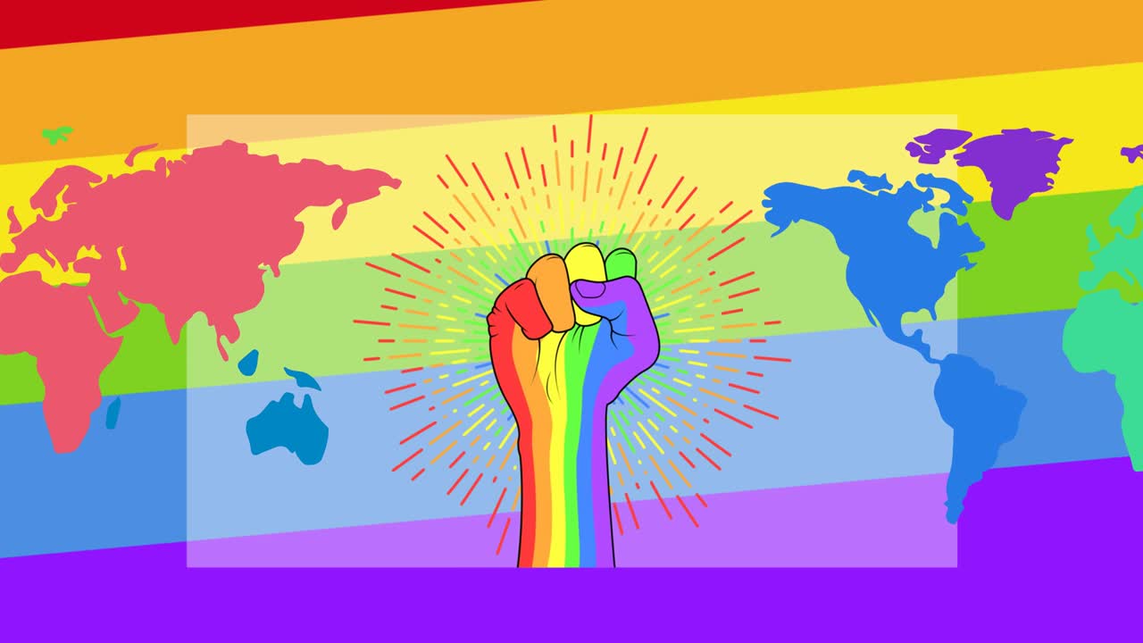 무지개 배경에 무지개 주먹 위의 세계 지도의 애니메이션