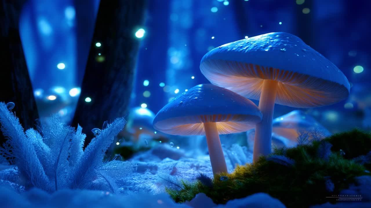 Funghi illuminati in un ambiente forestale mistico, che brillano di un'eterea luce blu tra flora e fauna surreali, catturando l'incanto della natura in un paesaggio onirico