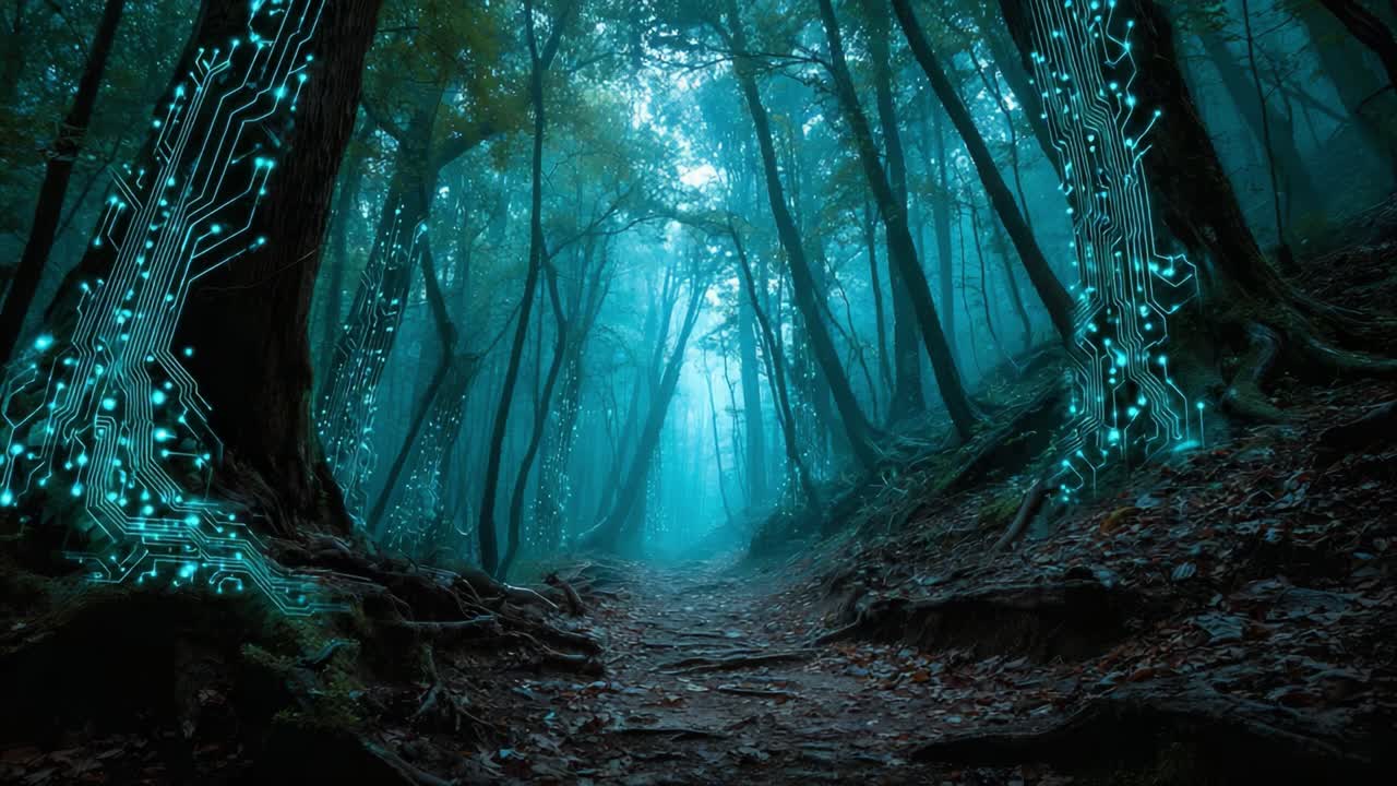 En mystisk skovsti, der forener natur og teknologi, med frodigt grønt og lysende printplademønstre i den tågede atmosfære, der inviterer til udforskning og fantasi.