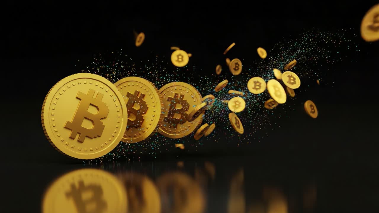 Dynamic Visualization of Spinning Bitcoin Coins Representing Digital Currency Technology and Economic Trends in a Vibrant, Energetic Atmosphere