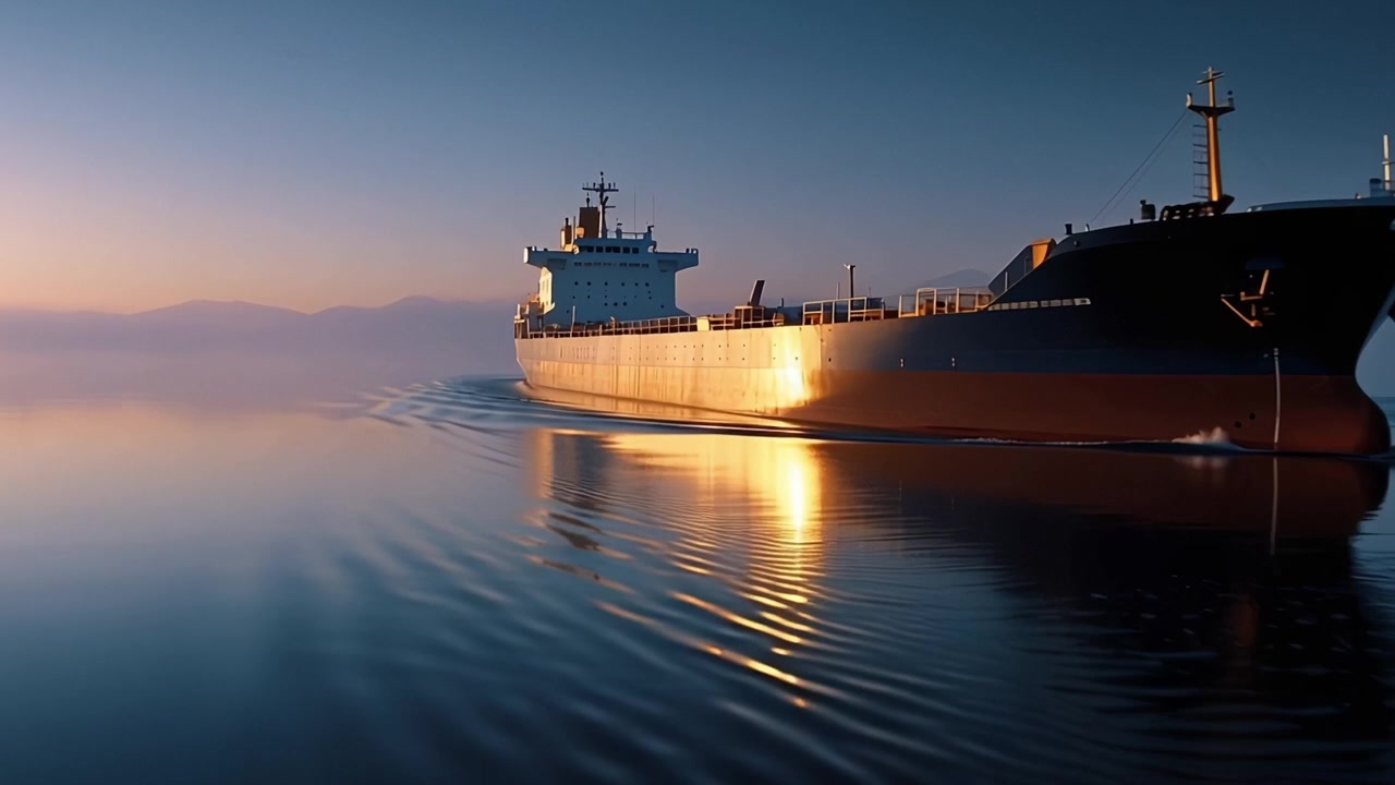 Un majestuoso buque de carga navega por aguas tranquilas al amanecer, creando reflejos perfectos en medio de un sereno paisaje marino de luz matutina.