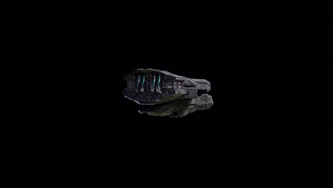 giant spaceship flying straight, side right view, black background suitable for overlay with alpha channel matte blending option, seamless integration into various sci-fi concepts and scenes