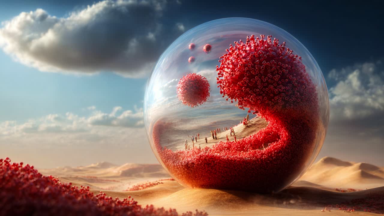 A surreal landscape featuring a giant bubble filled with vibrant red structures resembling flowers or abstract elements, set against a beautiful sky and sandy terrain, encapsulating a sense of wonder and exploration
