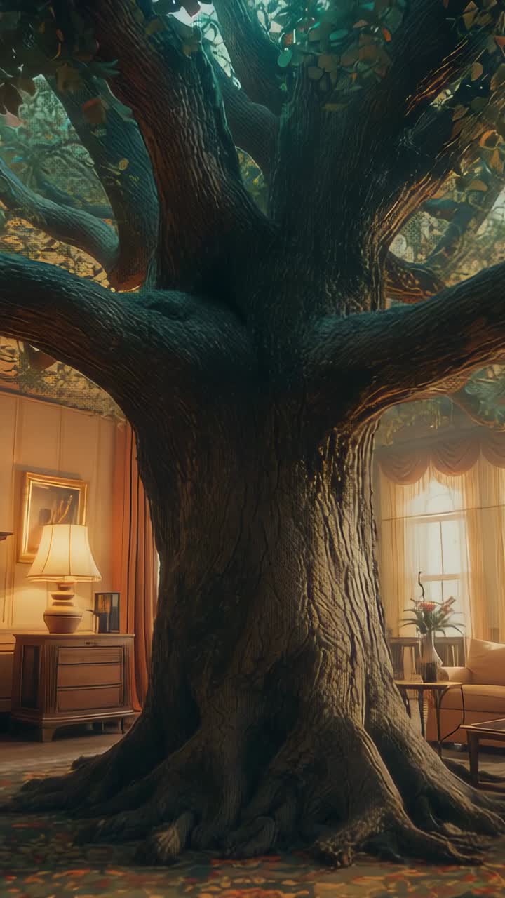 Vertical video: Shot showing tree trunk piercing carpet in room with lamp, evoking surreal vibe