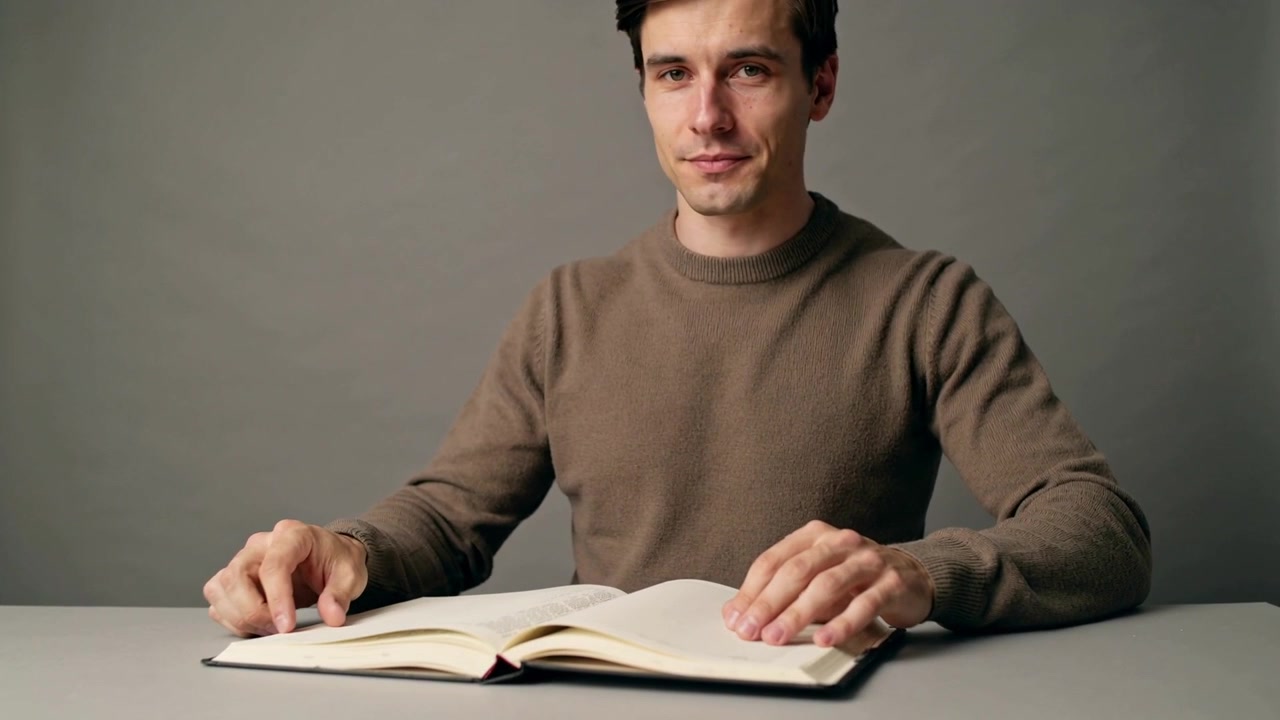 Uomo che sfoglia le pagine di un libro con copertina rigida come un foglio sciolto che si solleva, seduto a un tavolo con un maglione marrone, mentre legge