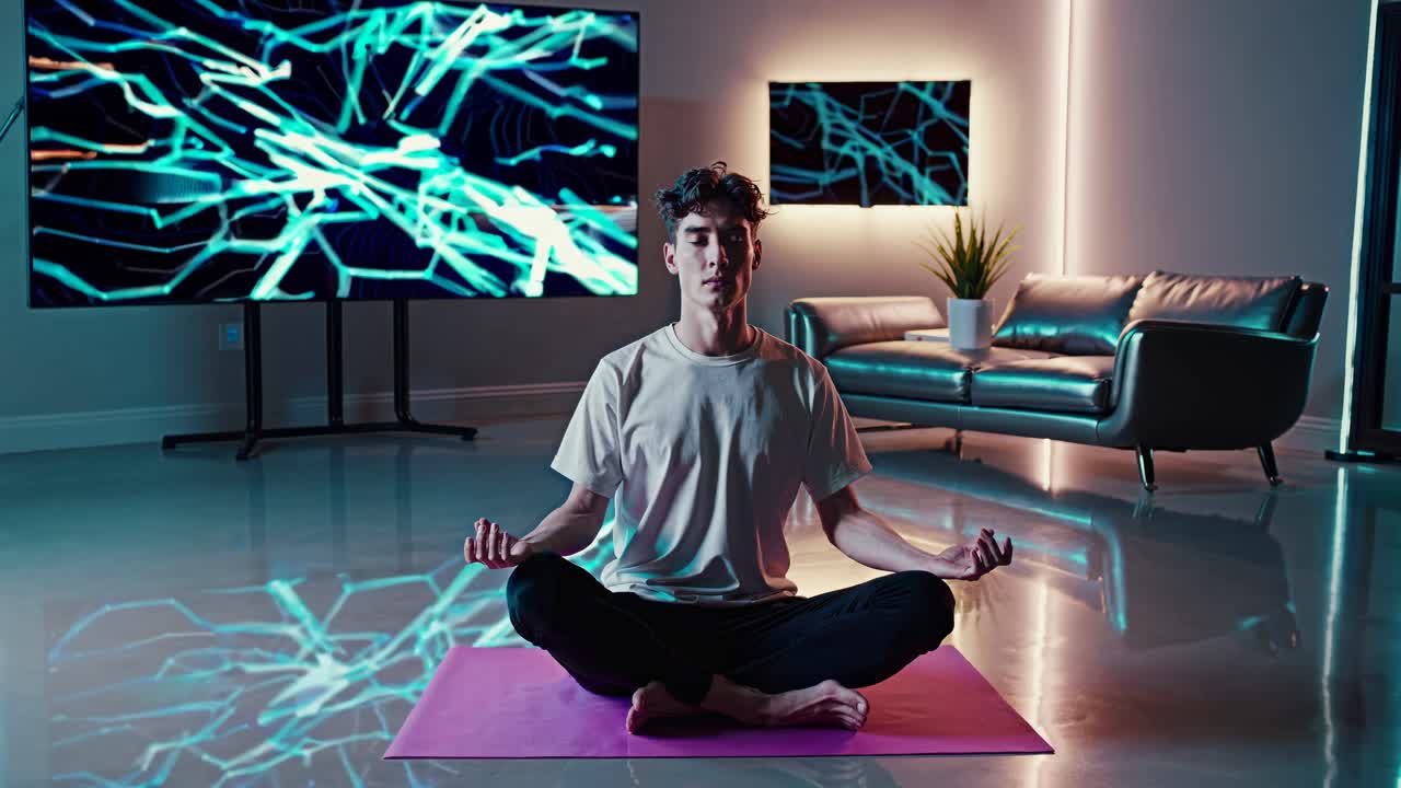 Man Meditating in a Modern Living Room