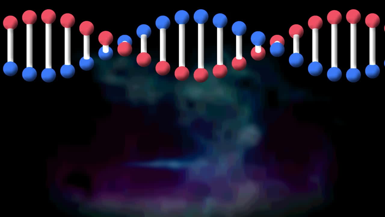 Animazione di modello 3D rotante di filamento di DNA, su una nuvola di fumo viola e blu su sfondo nero