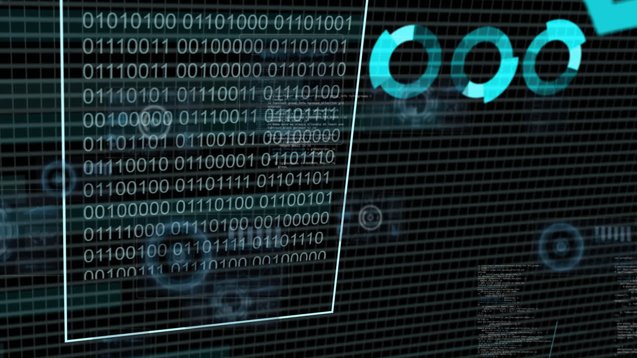 Animation of binary coding and digital data processing on black background