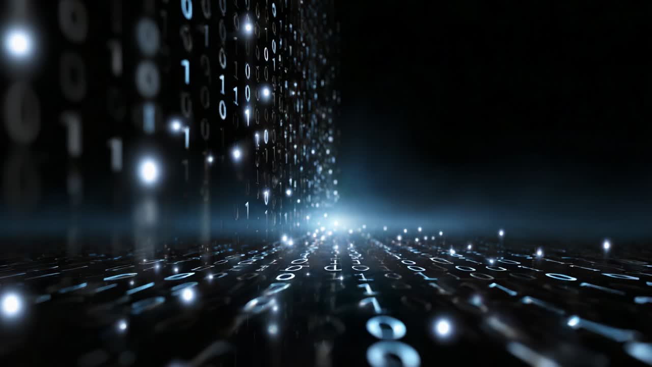 Binary Code Matrix Transitioning Through Light in a Futuristic Digital Environment, Emphasizing the Flow of Information and the Infinite Possibilities of Data Visualization in a Dark Setting